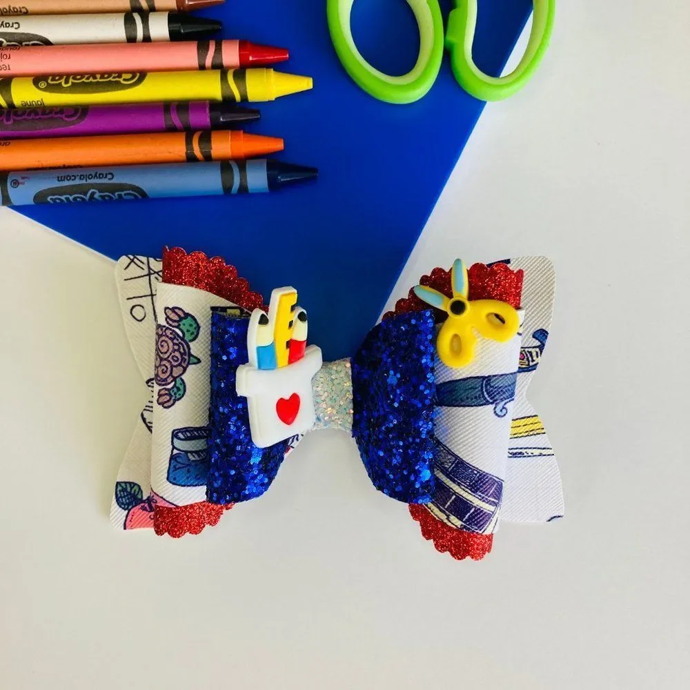 BACK to SCHOOL Hair Bow Clips for Girls Handmade NEW